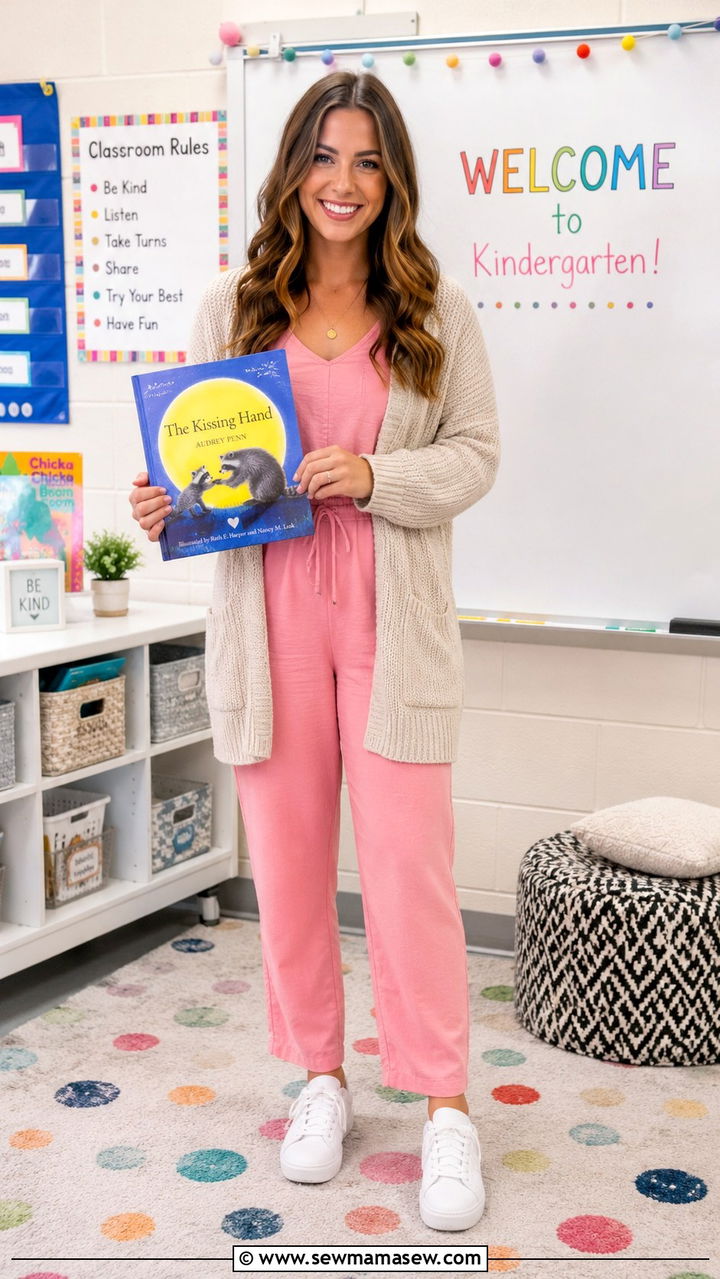Pink Jumpsuit With Cardigan Kindergarten Outfit - 30 Kindergarten teacher outfit ideas