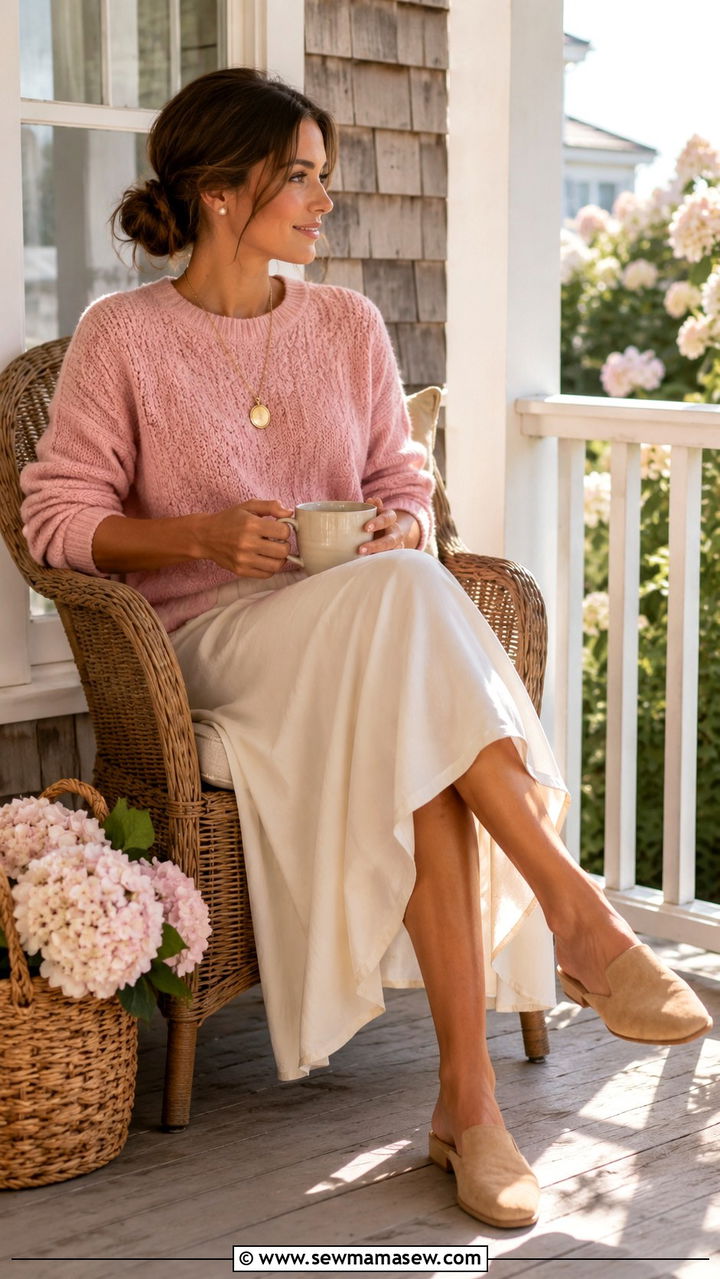 Pink Knit Sweater With Flowing Cream Midi Skirt - 30 Nantucket outfit ideas 2026