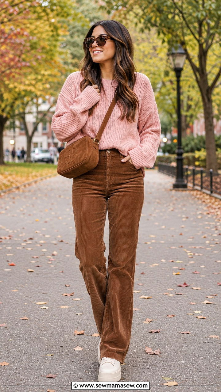 Pink Knit Sweater with Brown Corduroy Pants - 30 Brown and pink outfit ideas