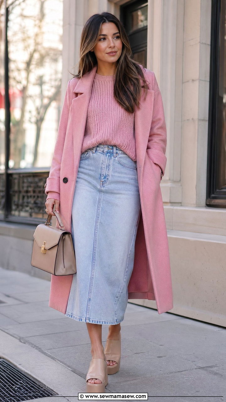 Pink Knit Sweater with Light Denim Midi Skirt and Long Pink Coat - 35 denim skirt outfits ideas
