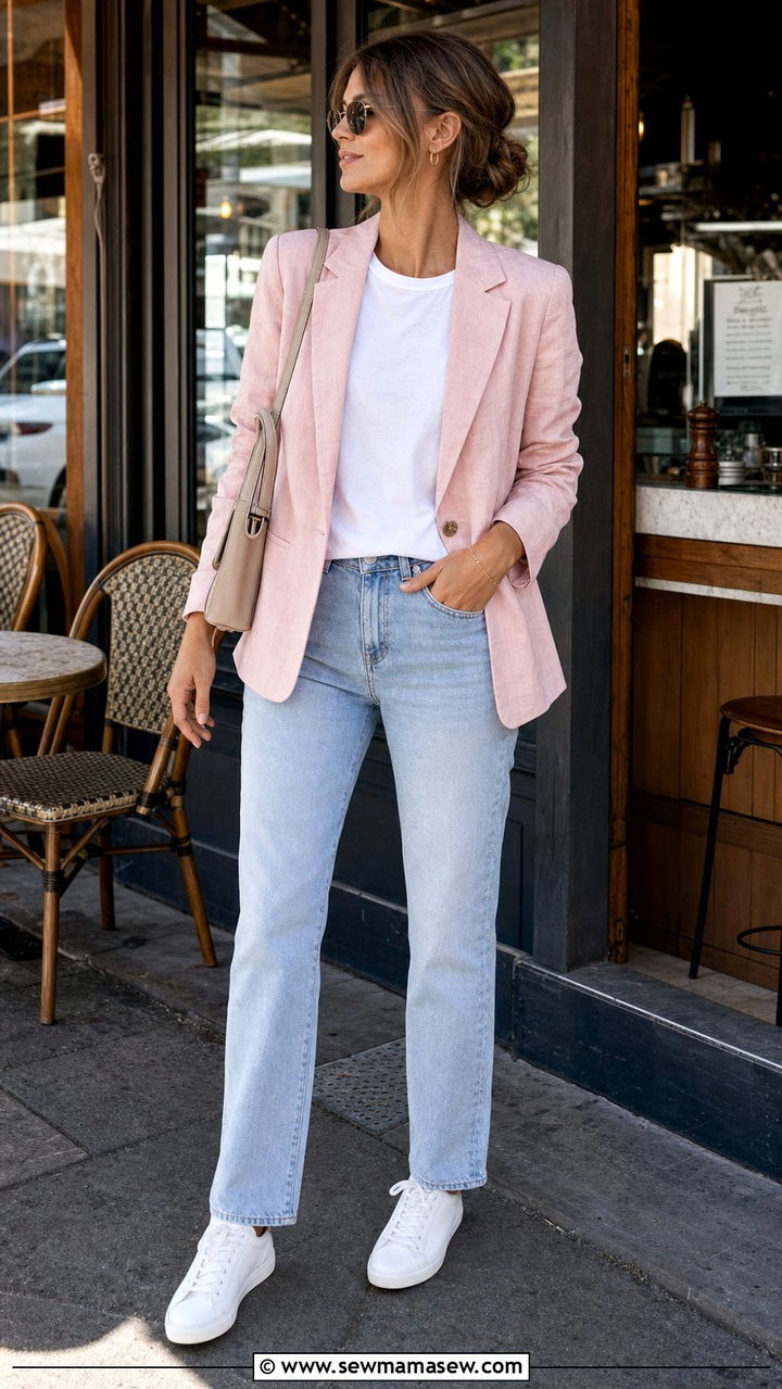 Pink Linen Blazer with Light Wash Straight Leg Jeans - 25 summer linen blazer outfit ideas