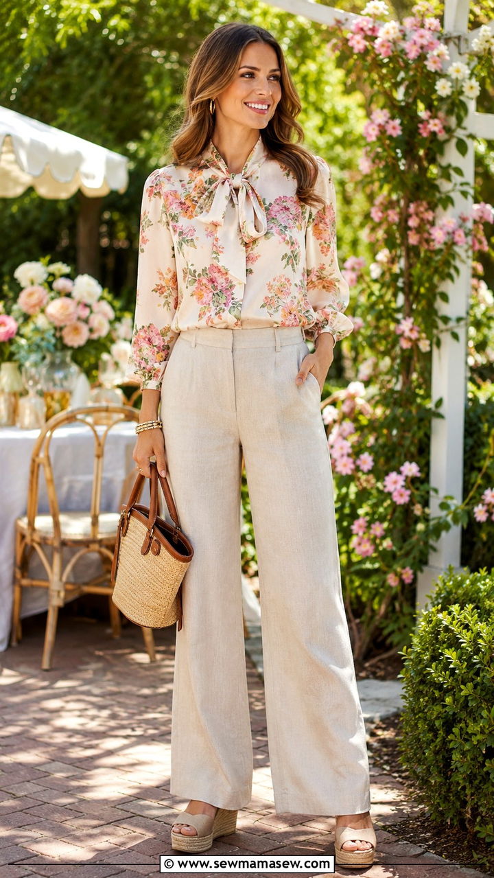 Pink Linen Pants With White Eyelet Top And Flat Slide Sandals - 30 spring linen pants outfit ideas