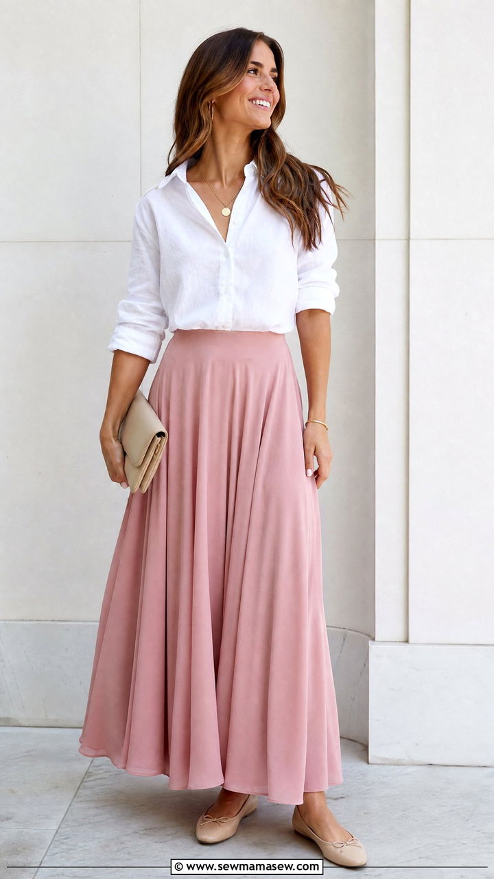Pink Maxi Skirt with White Button Up - 30 summer modest outfit ideas