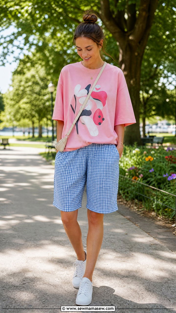 Pink Mickey Tee With Gingham Shorts Outfit - 40 Disney World outfit ideas