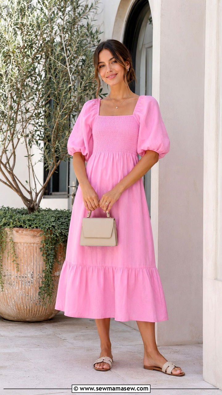 Pink Midi Dress With Comfy Sandals - 30 Spring brunch outfit ideas 2026
