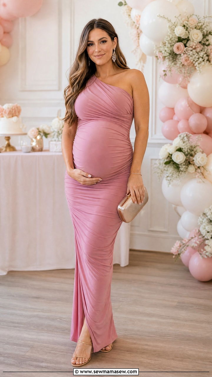 Pink One Shoulder Maternity Dress Baby Shower - 30 Maternity outfit ideas for baby shower