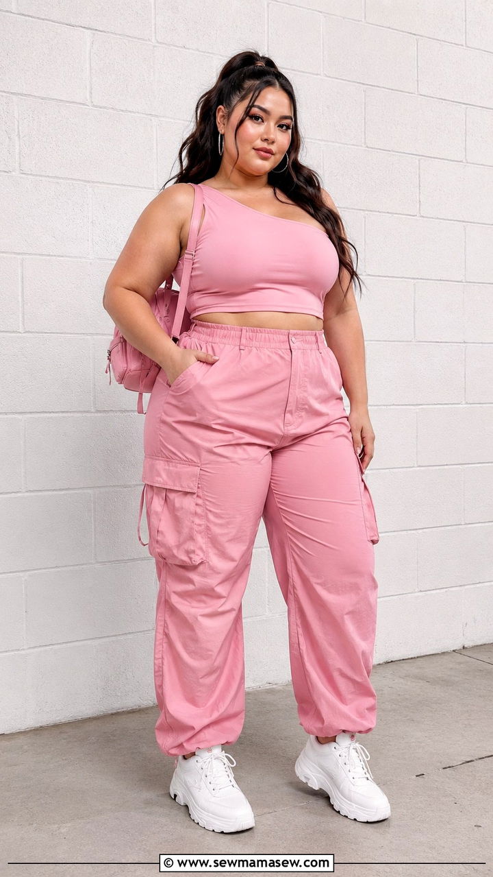Pink One Shoulder Top With Pink Cargo Pants And White Sneakers - 30 Plus size concert outfit ideas