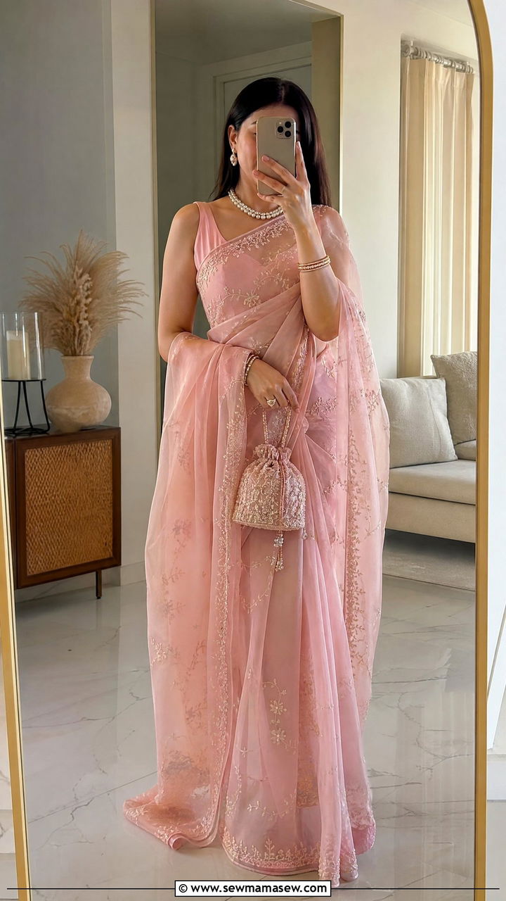 Pink Organza Saree for Karwa Chauth - 25 Karwa Chauth outfit ideas