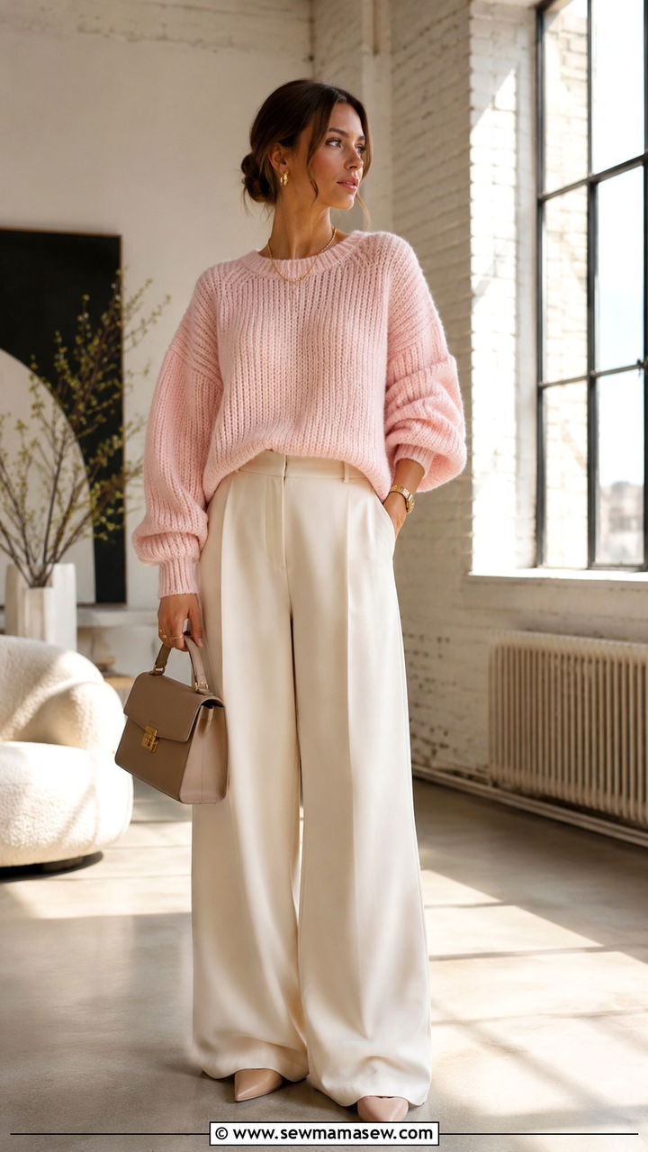 Pink Oversized Sweater with Cream Trousers - 30 Pastel pink outfit ideas spring