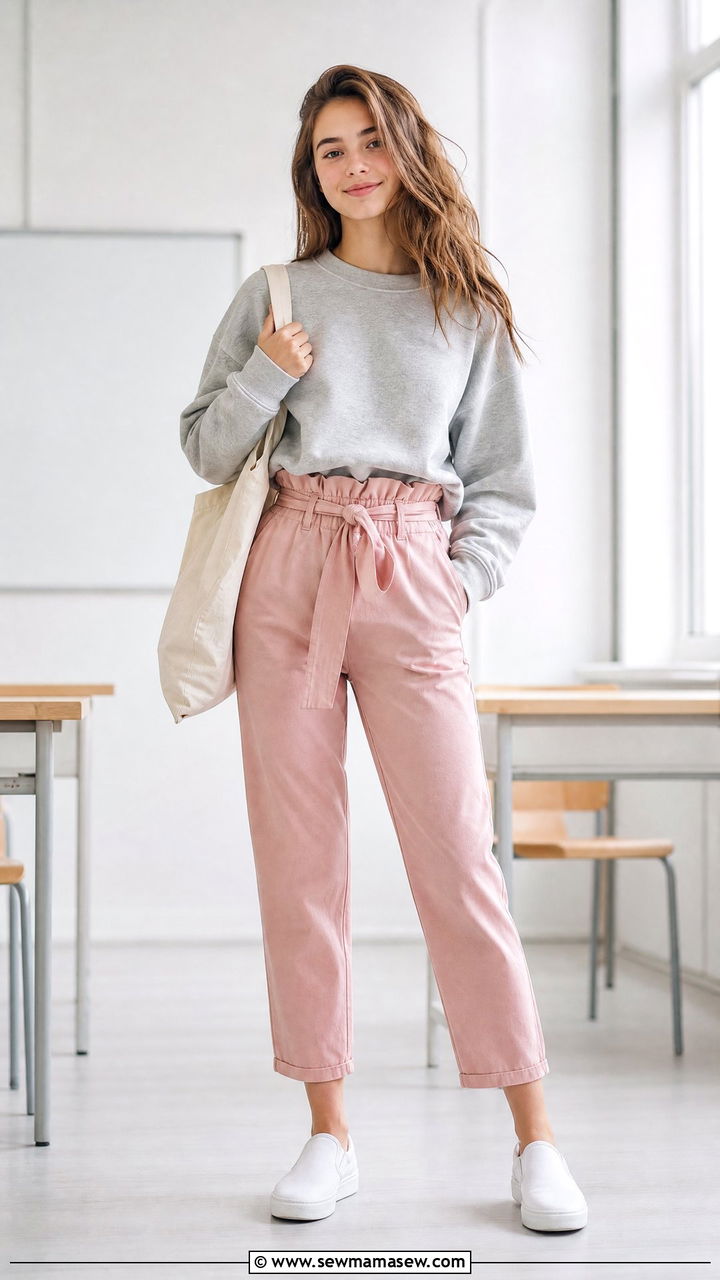 Pink Paperbag Pants with Sweatshirt for School - 30 Summer outfits for school