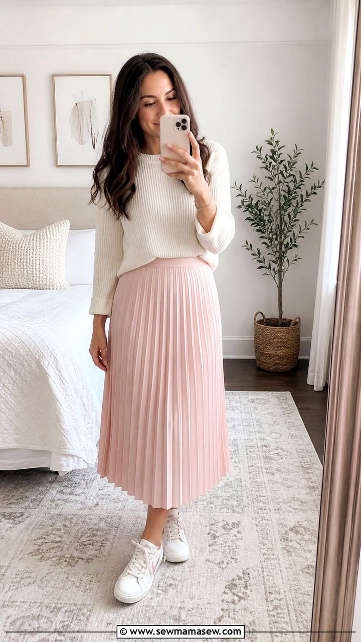 Pink Pleated Midi Skirt With White Ribbed Sweater Outfit - 40 Work from home outfits