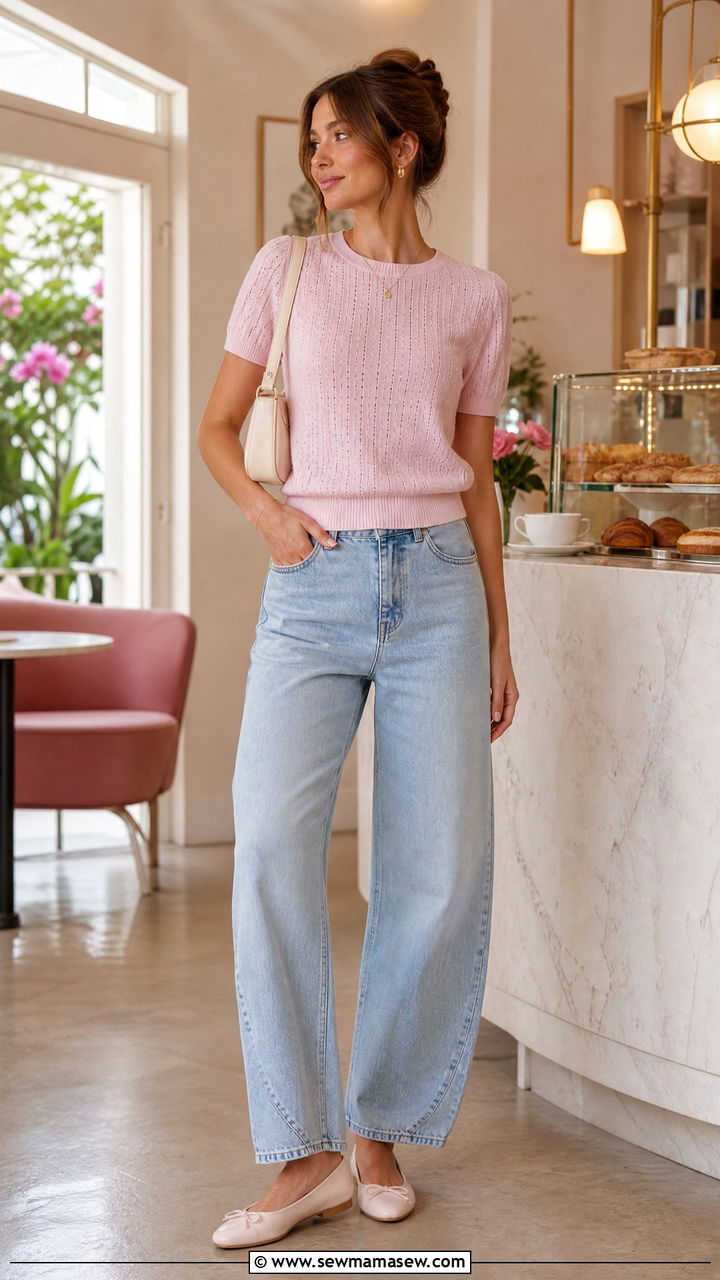 Pink Pointelle Knit Top with Barrel Leg Jeans - 30 Pastel pink outfit ideas spring