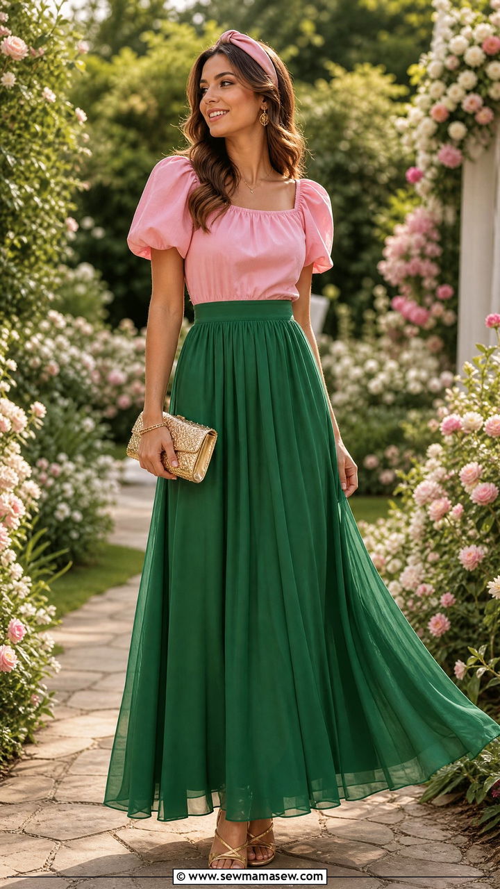 Pink Puff Sleeve Top and Green Maxi Skirt - 25 Green and pink outfit ideas
