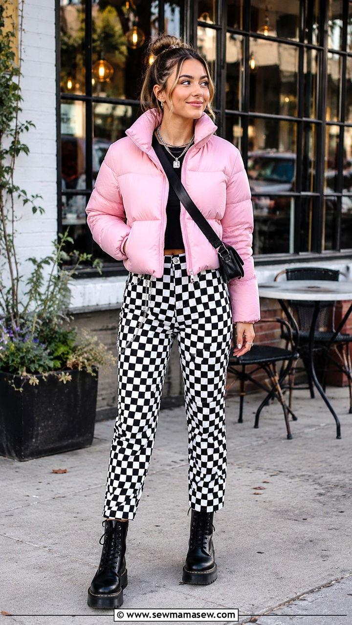 Pink Puffer With Checkered Pants And Combat Boots - 25 Puffer jacket outfit ideas cute