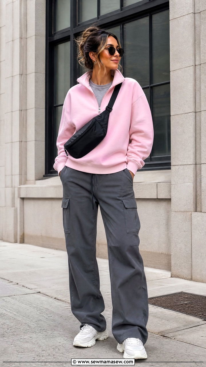 Pink Quarter Zip Over a Gray T Shirt With Cargo Pants - 25 Gray and pink outfit ideas