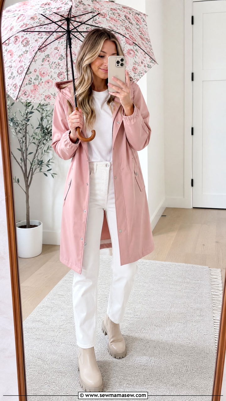 Pink Raincoat and White Jeans Spring Rain Outfit - 25 Spring rain outfit ideas