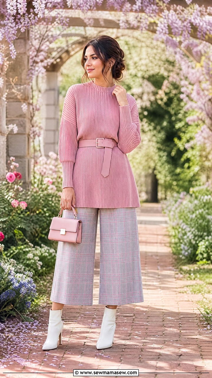 Pink Ribbed Tunic With Plaid Culottes - 30 modest classy outfits for women