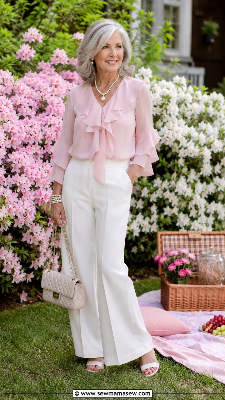 Pink Ruffle Blouse and White Trousers - 30 Picnic outfits for women over 60