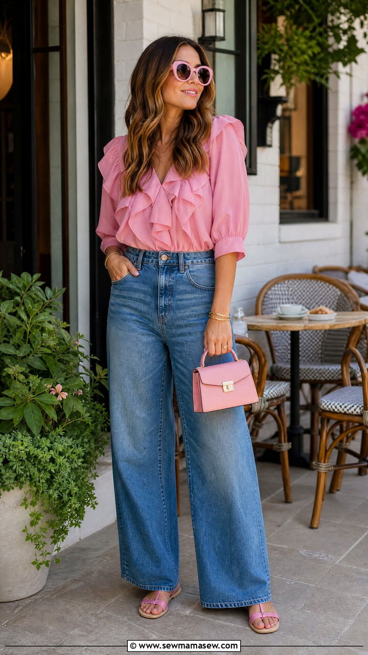 Pink Ruffled Blouse With Wide Leg Denim - 30 Confident spring outfit ideas