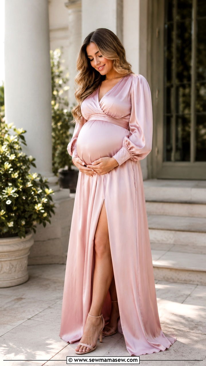 Pink Satin Maxi Dress with Neutral Heels - 30 classy baby shower outfit ideas