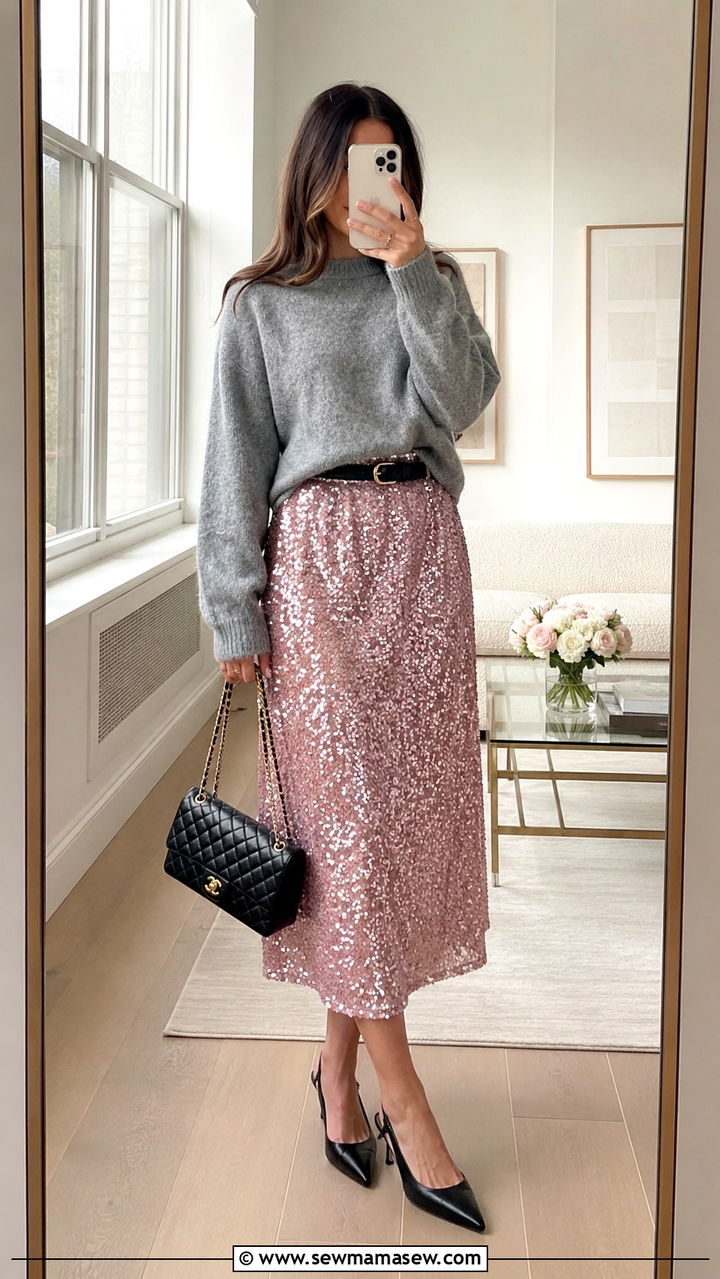 Pink Sequin Skirt With Grey Knit And Slingback Heels - 25 Sequin skirt outfit ideas for party
