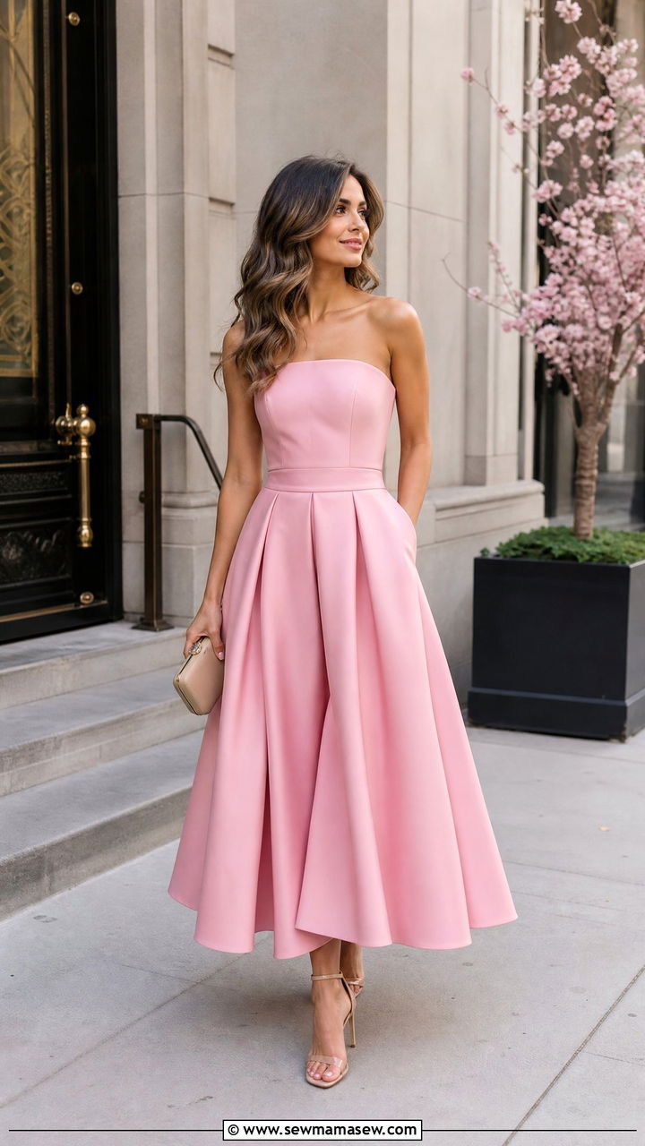 Pink Strapless Structured Gown - 30 classy spring wedding guest outfit ideas