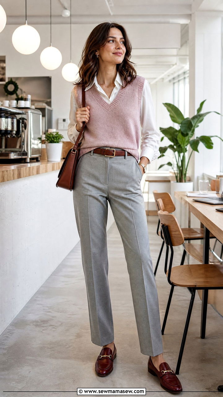 Pink Sweater Vest With Gray Trousers - 25 Gray and pink outfit ideas