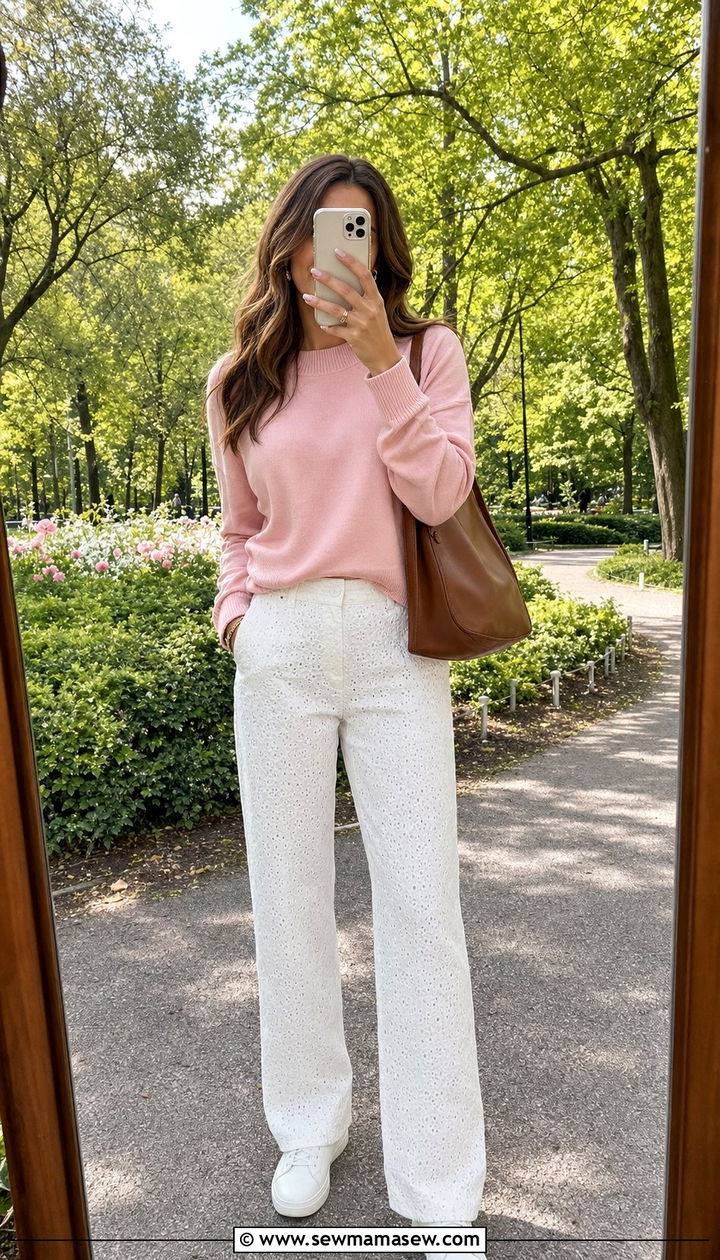 Pink Sweater with Eyelet Pants and Sneakers - 25 cute windy day outfits