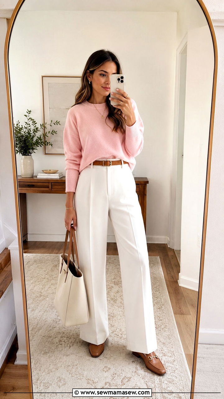 Pink Sweater with White Pants - 30 pink outfit ideas for women