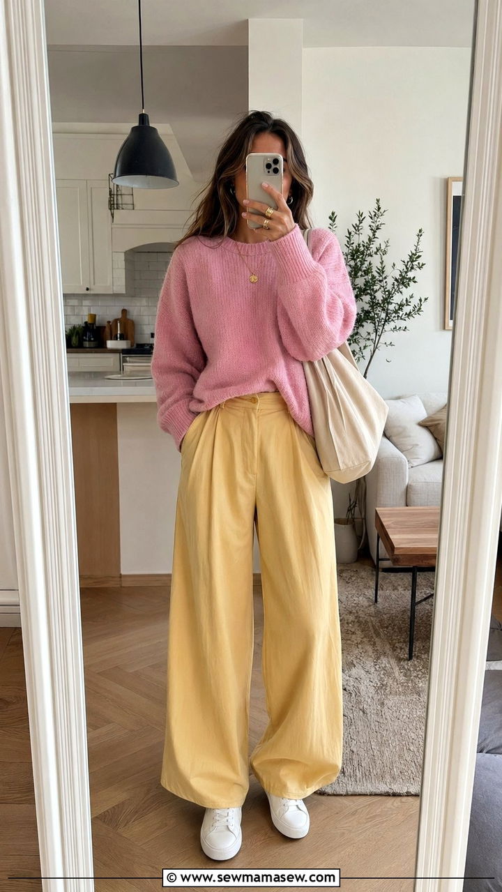 Pink Sweater with Yellow Wide Leg Pants - 30 Yellow and pink outfit ideas