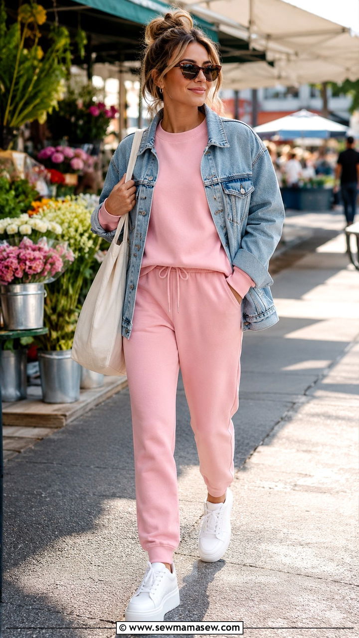 Pink Sweatsuit With Denim Jacket Outfit - 20 Pink loungewear set outfit ideas