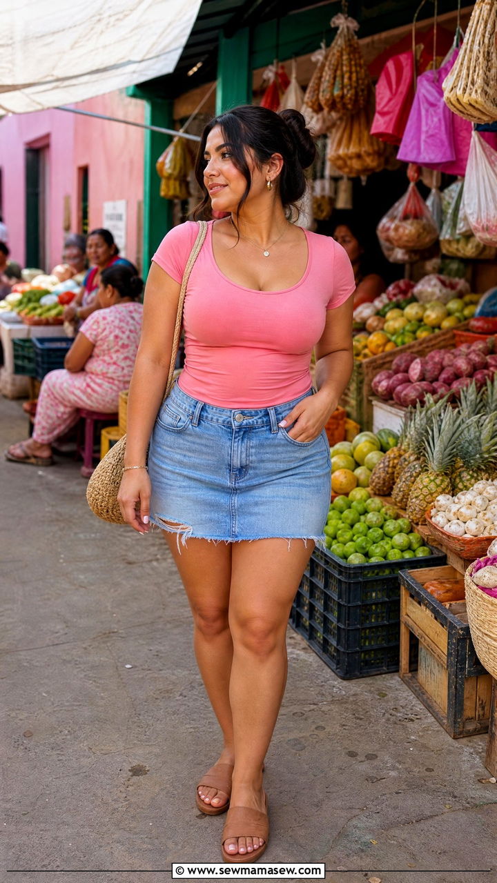 Pink Tee With Denim Mini Skirt - 35 Mexico spring outfit ideas