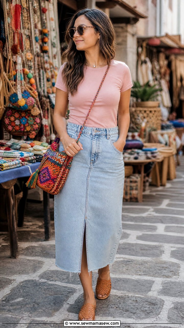 Pink Tee With Denim Skirt Mexico Market Day Look - 35 Mexico vacation outfits