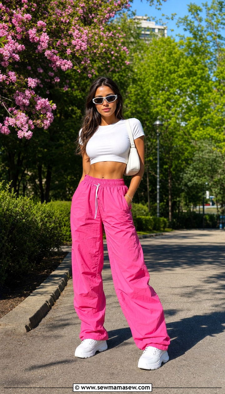 Pink Track Pants With Crop Top And Sneakers - 25 spring track pants outfit ideas