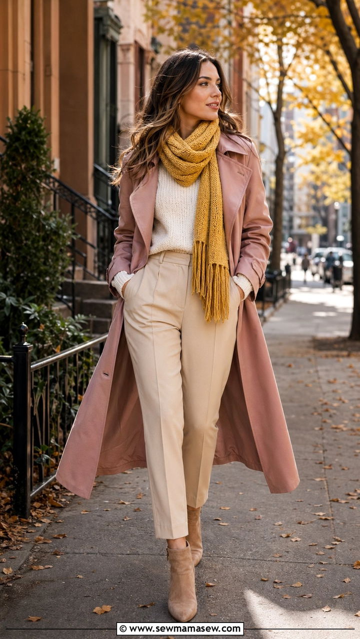 Pink Trench Coat with Yellow Scarf - 30 Yellow and pink outfit ideas
