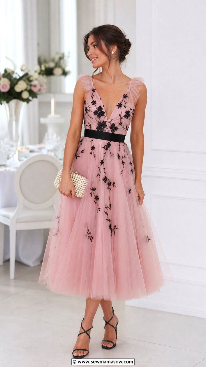 Pink Tulle Dress With Black Floral Detail - 30 classy spring wedding guest outfit ideas