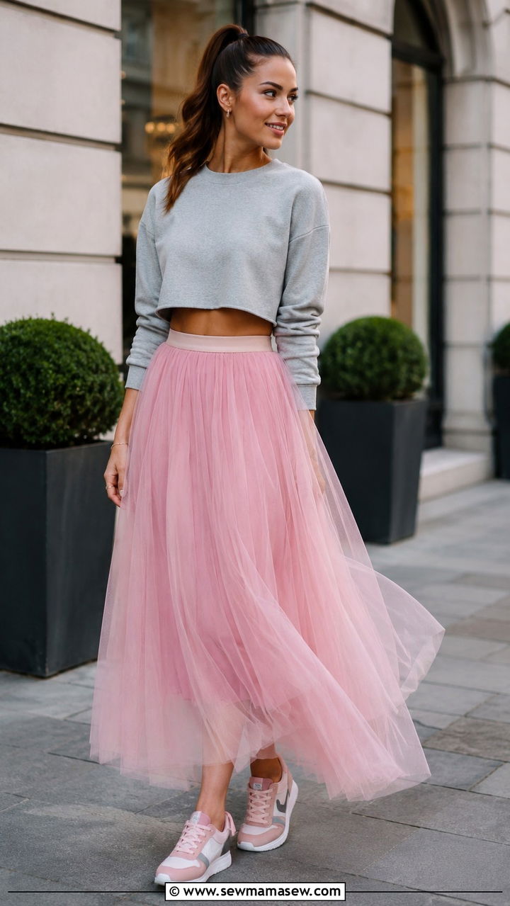 Pink Tulle Maxi Skirt With Cropped Sweatshirt And Color Block Sneakers - 25 Tulle skirt outfit ideas with sneakers