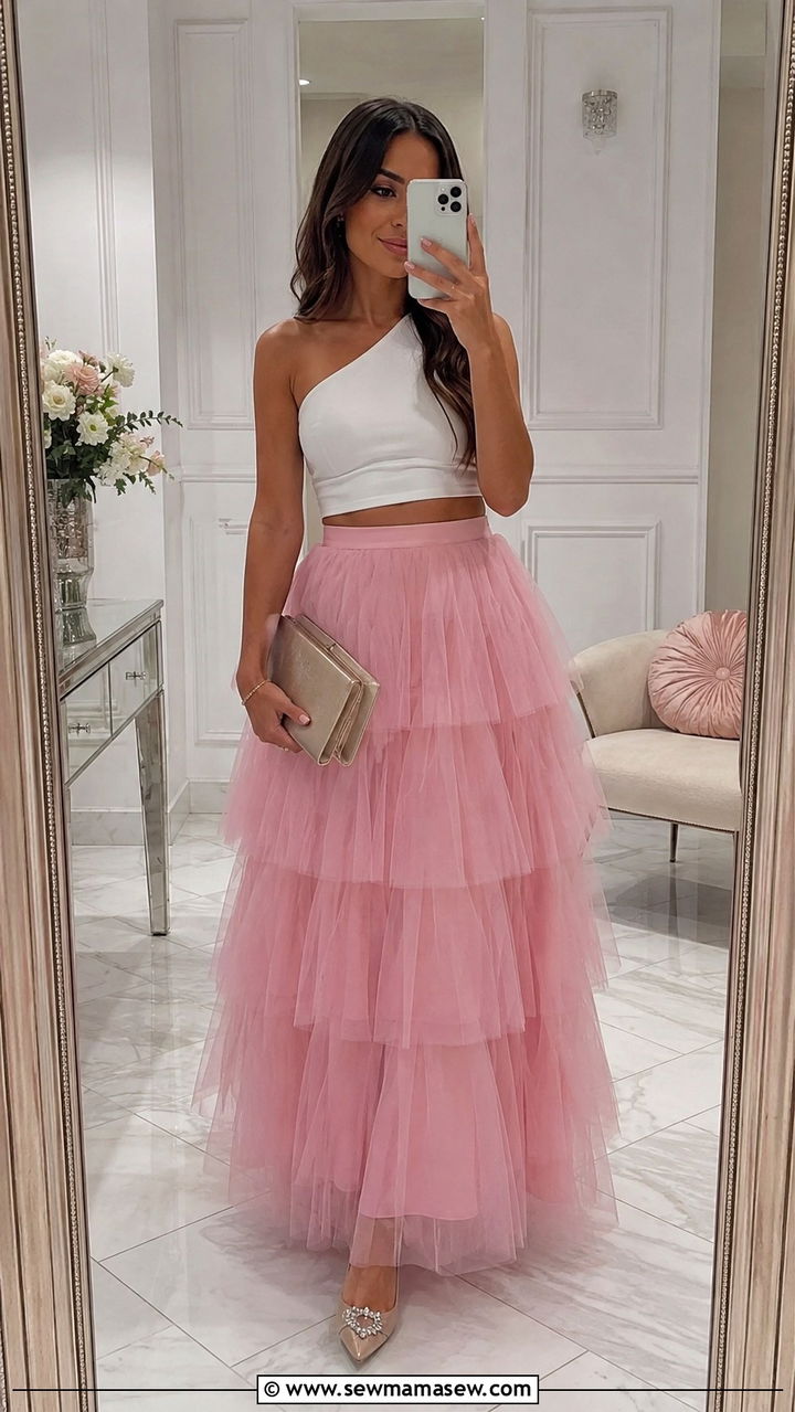 Pink Tulle Maxi Skirt with a One Shoulder Crop Top - 20 Tulle skirt outfit ideas with a crop top