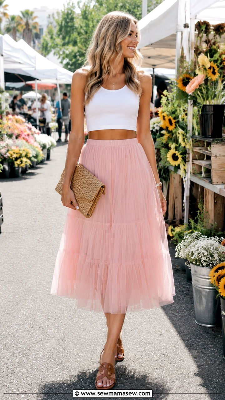 Pink Tulle Midi Skirt With White Crop Top And Sandals - 30 Tulle skirt outfit ideas for summer