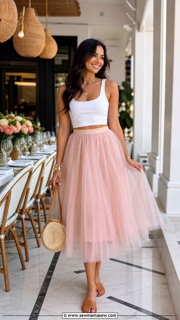 Pink Tulle Skirt With Cropped Tank Top - 25 Brunch outfit ideas with a skirt