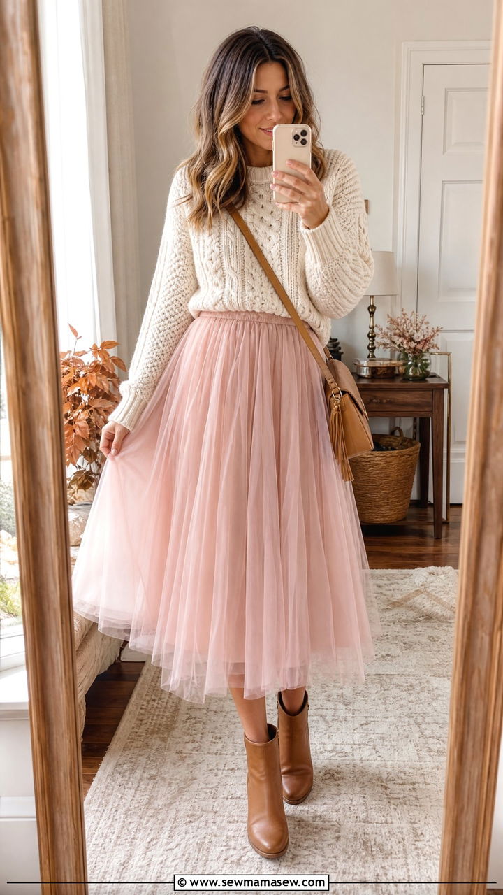 Pink Tulle Skirt with Chunky Knit Sweater and Ankle Boots - 25 Tulle skirt outfit ideas with boots