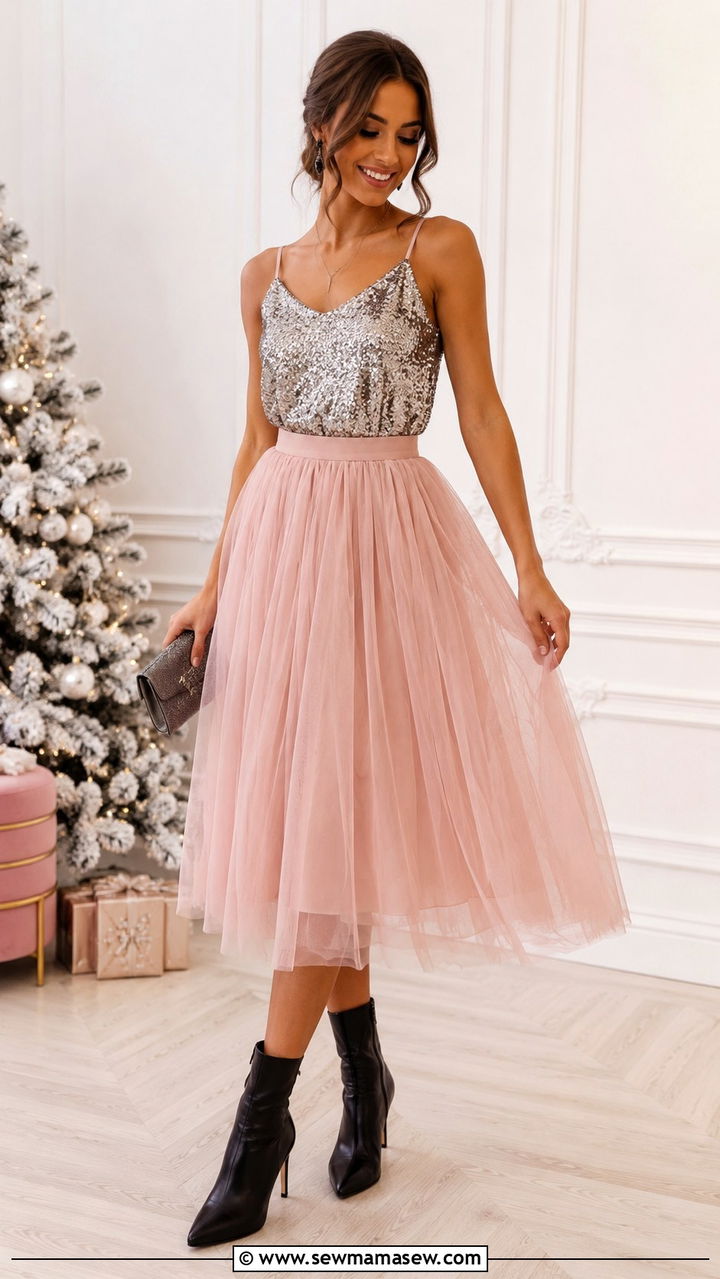 Pink Tulle Skirt with Sparkly Top and Heeled Boots - 25 Tulle skirt outfit ideas with boots