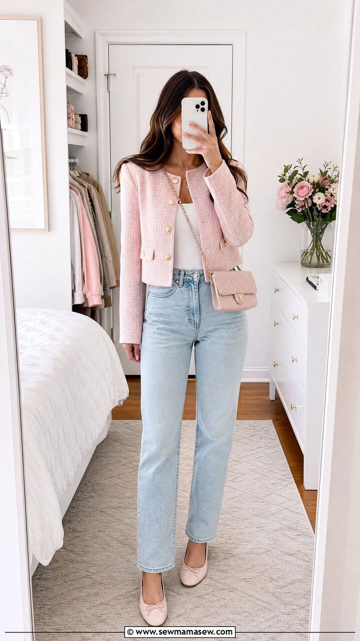 Pink Tweed Jacket With Light Denim and Ballet Flats Outfit - 25 Ivy league outfit ideas 2026