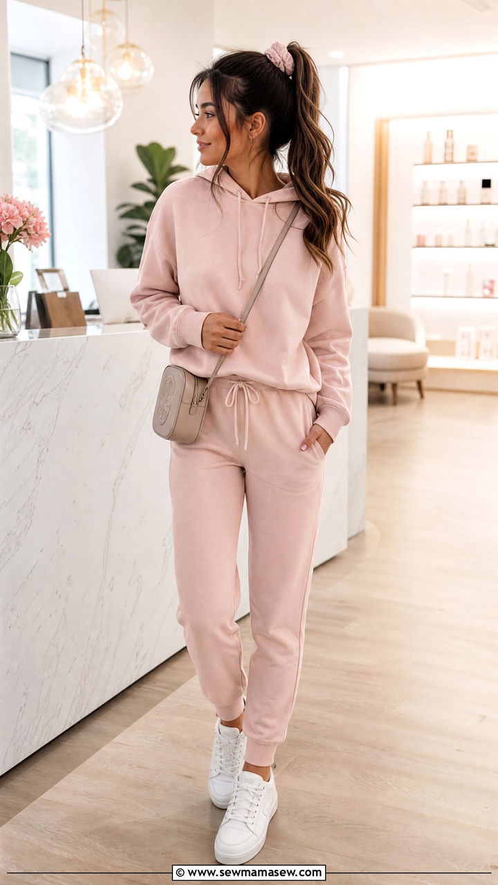 Pink Two Piece Jogger Set With White Sneakers - 30 Cozy spa day outfit ideas