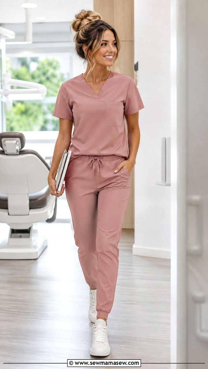 Pink Two Piece Scrub Set With White Sneakers - 40 Dentist outfit ideas