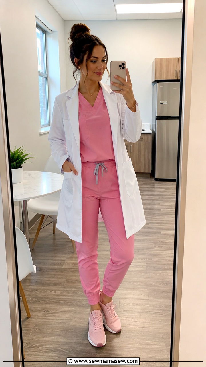 Pink Two Piece Scrub Set with White Lab Coat - 25 Pharmacist outfit ideas