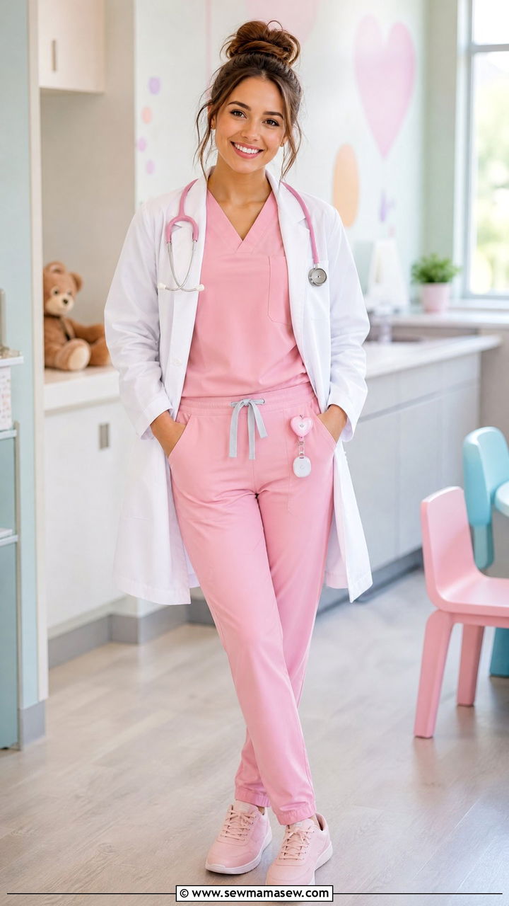 Pink Two Piece Scrubs With White Coat Doctor Outfit - 25 Female doctor outfit ideas