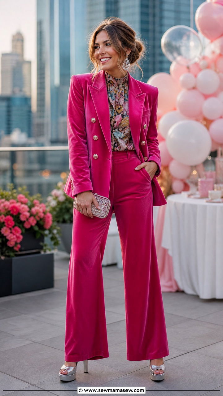 Pink Velvet Blazer and Trousers Set - 25 Velvet matching set outfit ideas