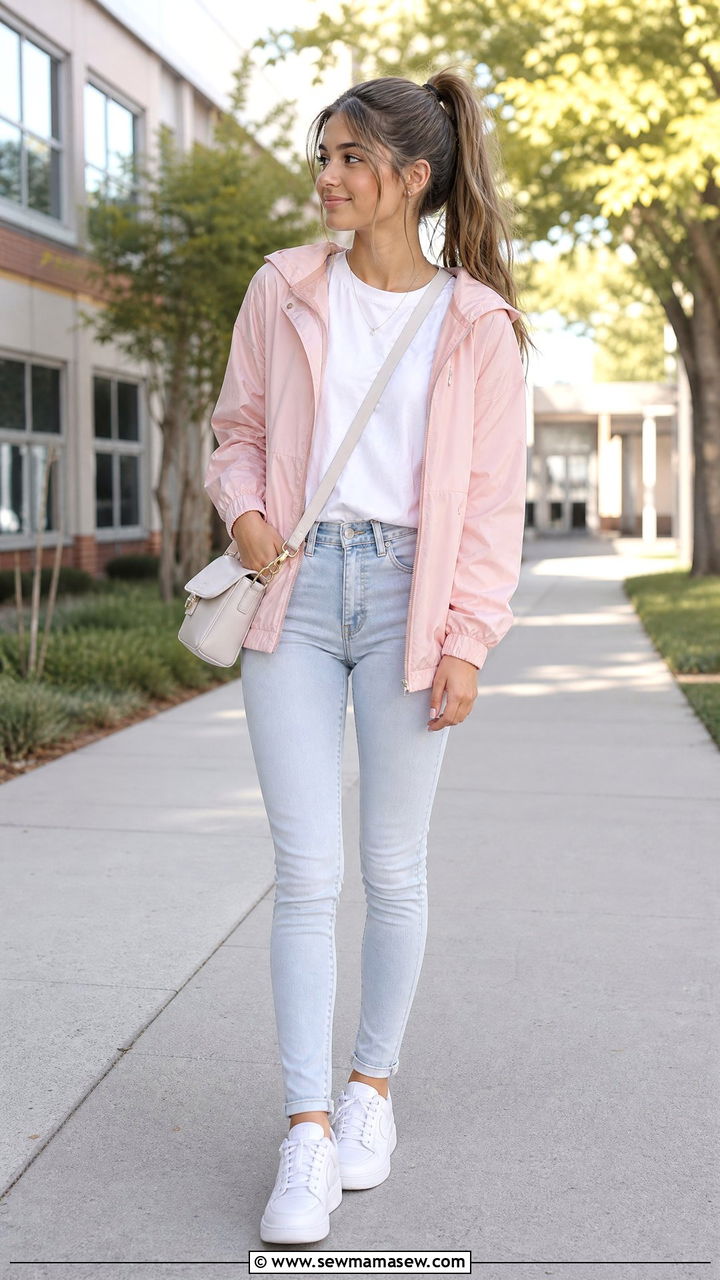 Pink Windbreaker and Skinny Jeans Outfit - 25 First day of high school outfit ideas