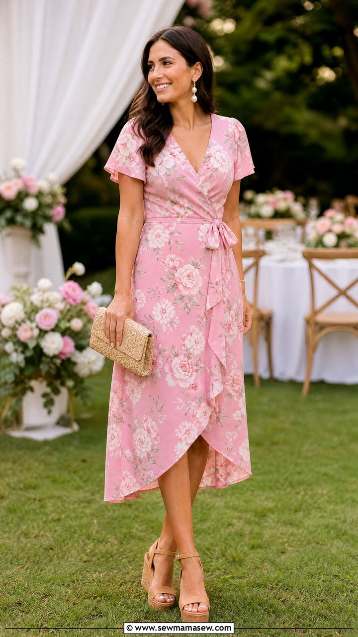Pink Wrap Dress With Wedge Sandals - 30 Summer pink outfit ideas